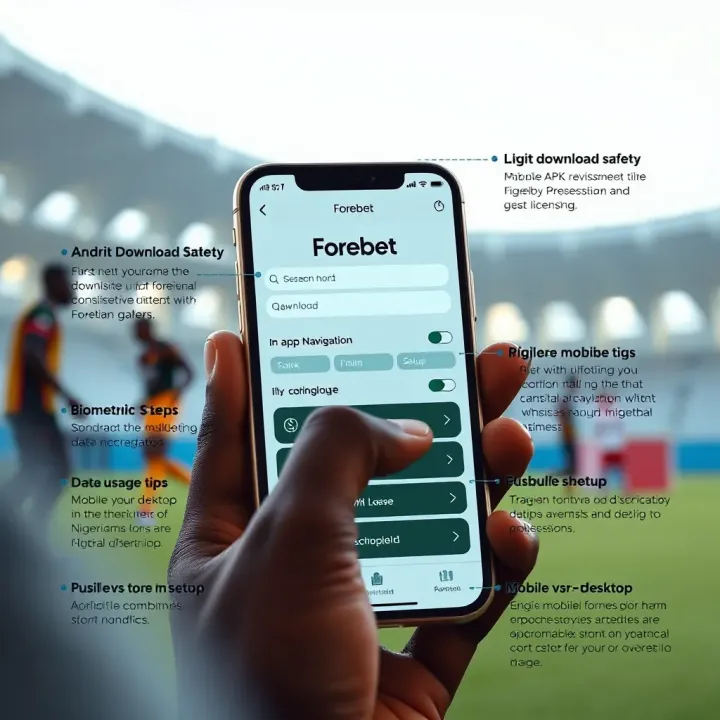 Smartphone displaying Forebet Mobile football prediction interface with Nigerian football themes